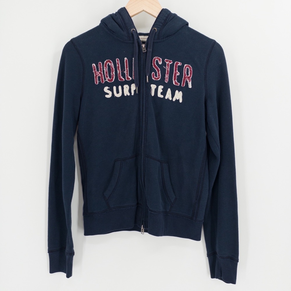 Y2K Hollister Full Zip Hoodie Mens L Navy Distressed Surf Team Skater Grunge